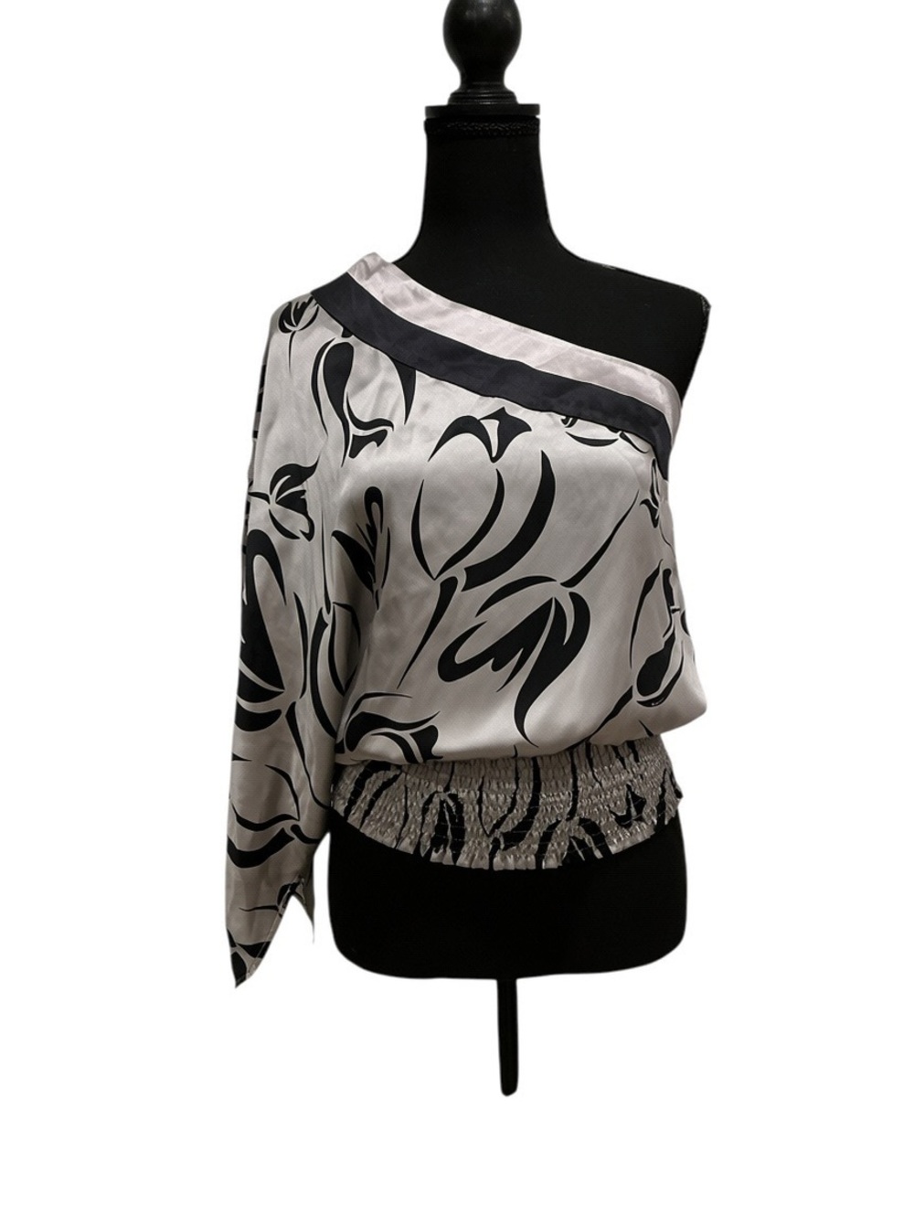 bebe Pearl Grey One-Shoulder Silk Blouse Size S